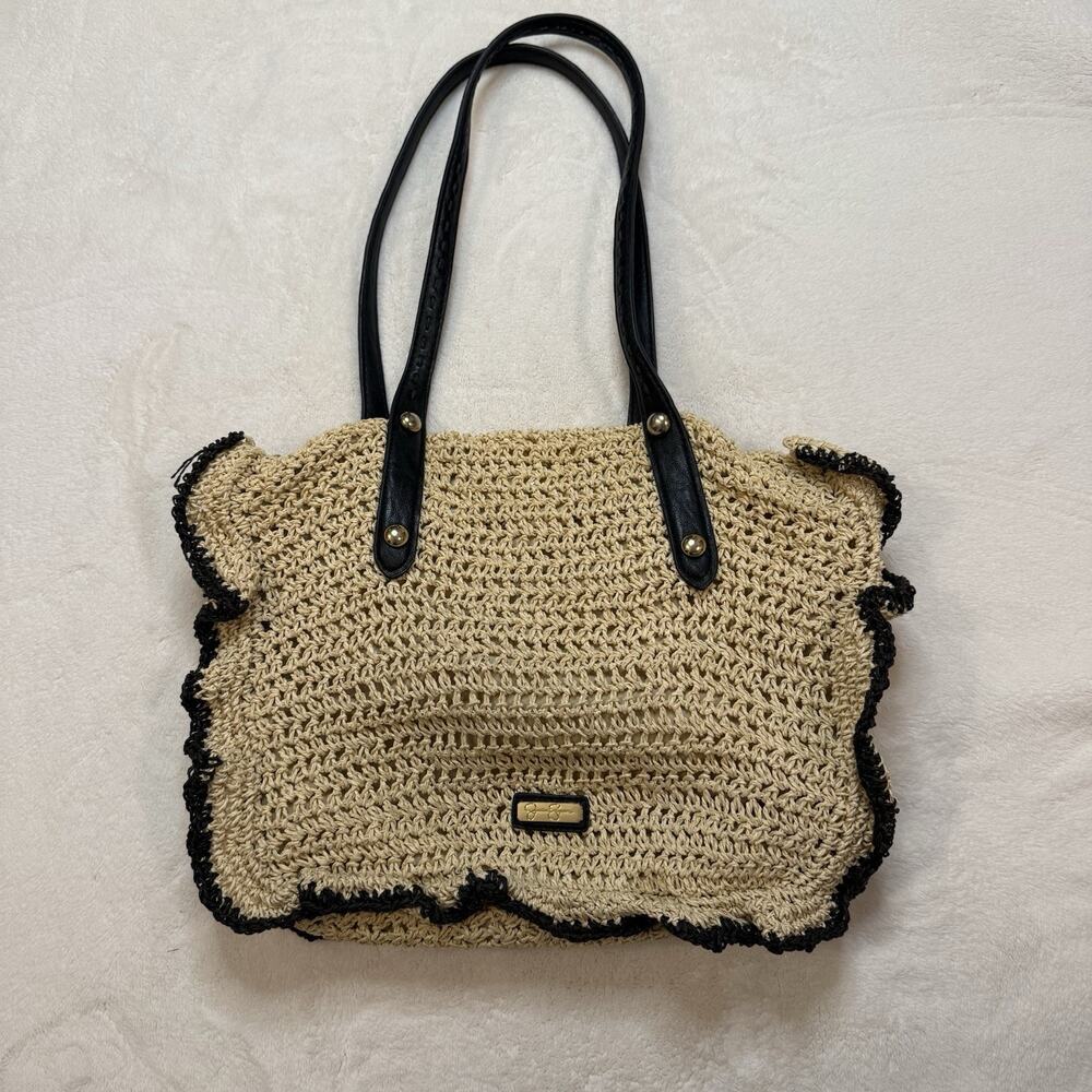Raffia Woven Ratan Hand Bag Tote Purse Straw Wicker With Black Trim Women’s